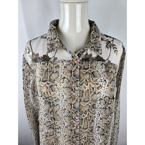 Figueroa & Flower Size XL Button Snakeskin Floral Tan Semi Sheer Blouse Western - Picture 1 of 8